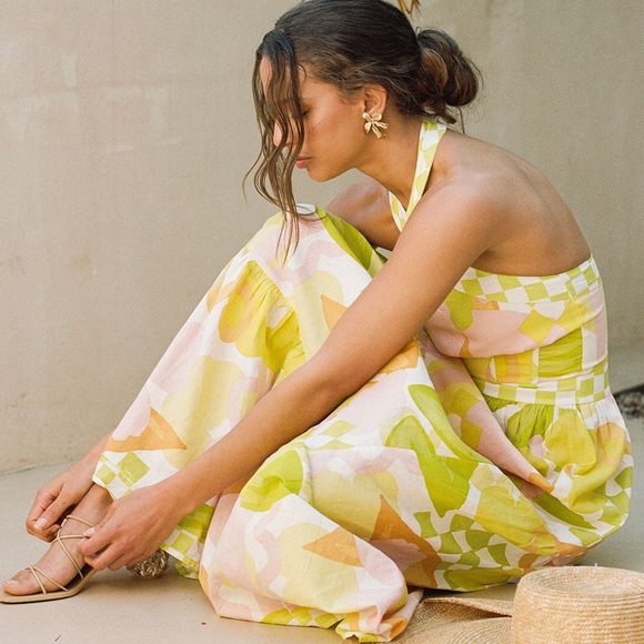 SABO True Dress Checker Floral Print Bright Yellow Linen Cotton Maxi Dress - Picture 3 of 16